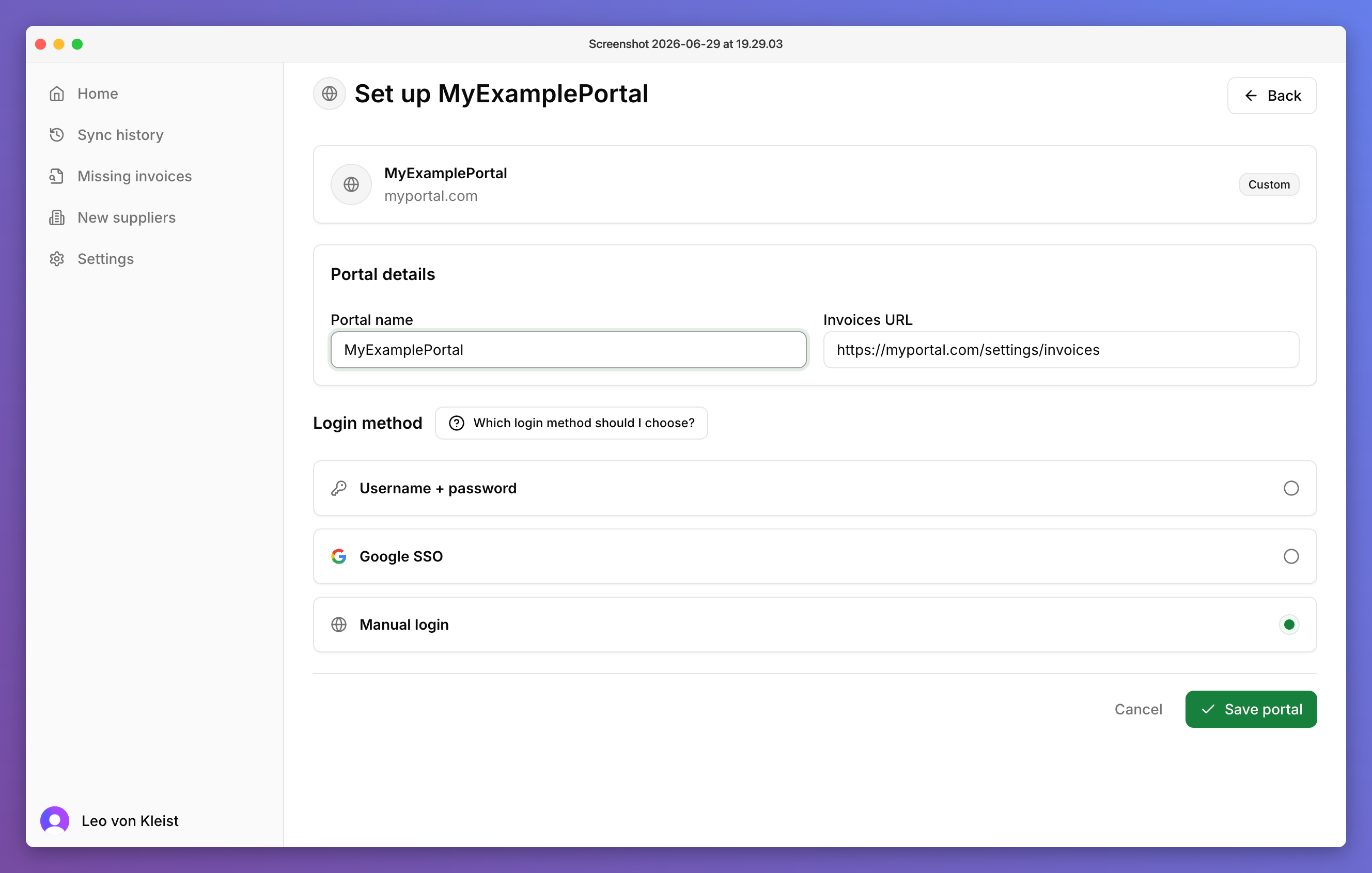 Presto Portal Manager custom portal setup form with login method selection